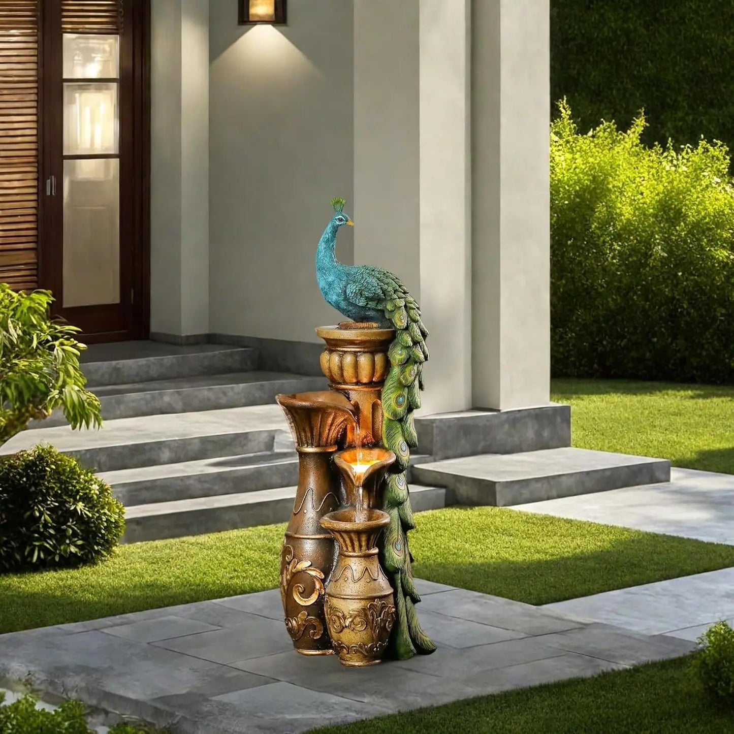 44in Resin Peacock Water Fountain LED Urns Garden Patio Waterfall Custom
