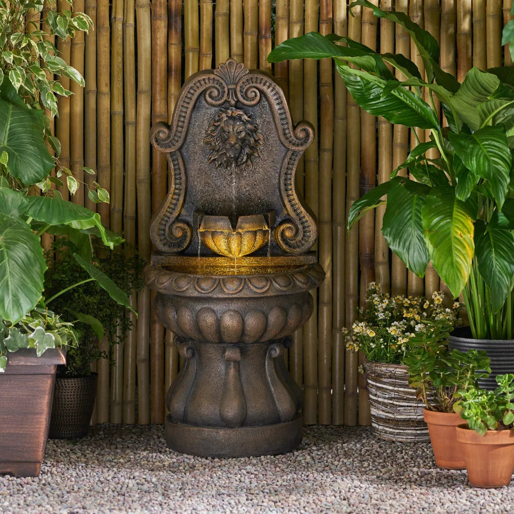 36.25" High Olivia Fountain, Weather Resistant Floor Fountain with Light, Antique Brown
