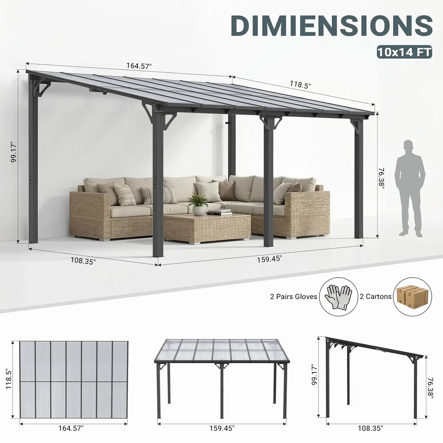 10x14 FT Lean to Gazebo, Pergolas and Gazebos Clearance, Awnings for Patio Covers for Shade and Rain Outdoor Gazebo, Customized