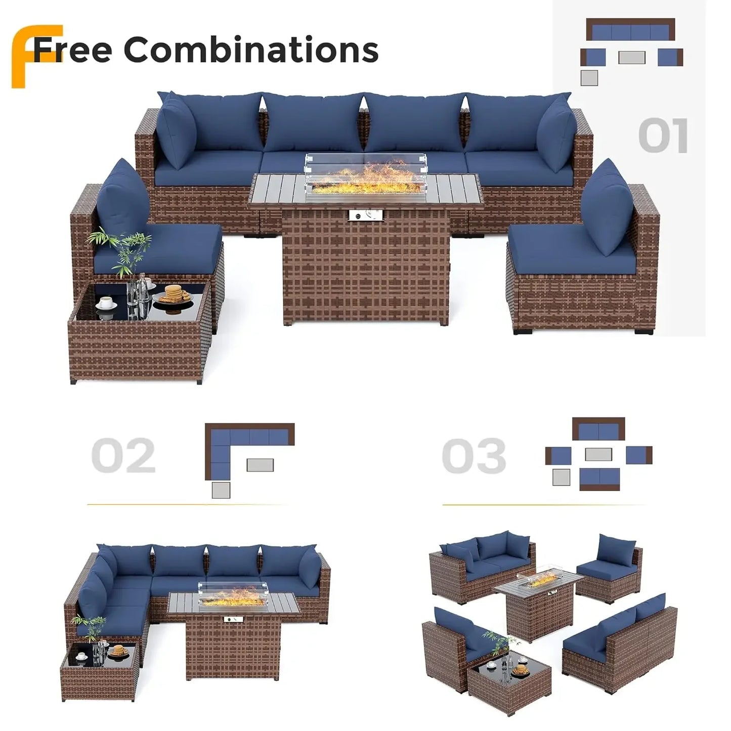 Furniture Set with Fire Pit Table, 8 Piece Sectional Sofas, All-Weather Wicker Conversation for Garden, Backyard,, Customized