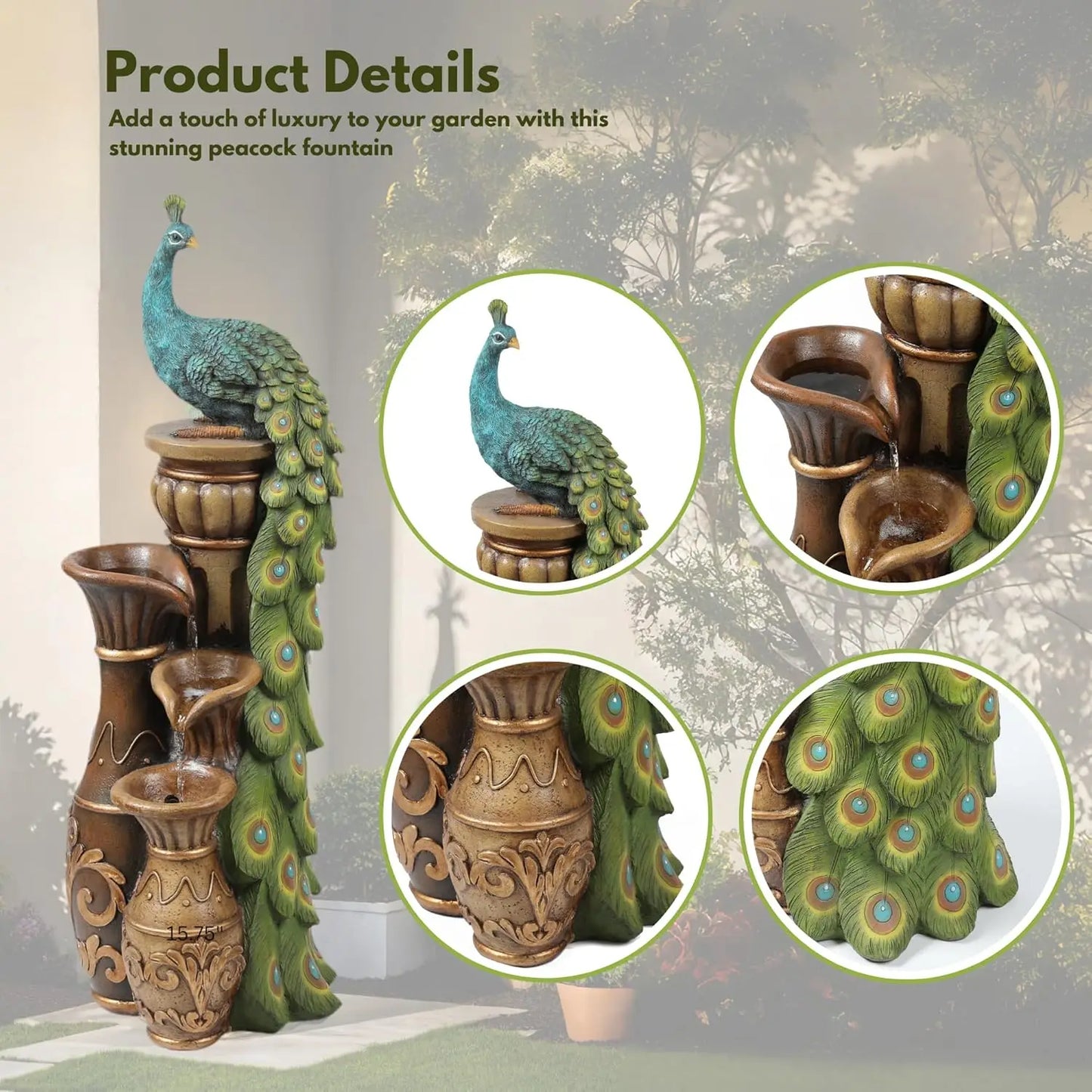 44in Resin Peacock Water Fountain LED Urns Garden Patio Waterfall Custom
