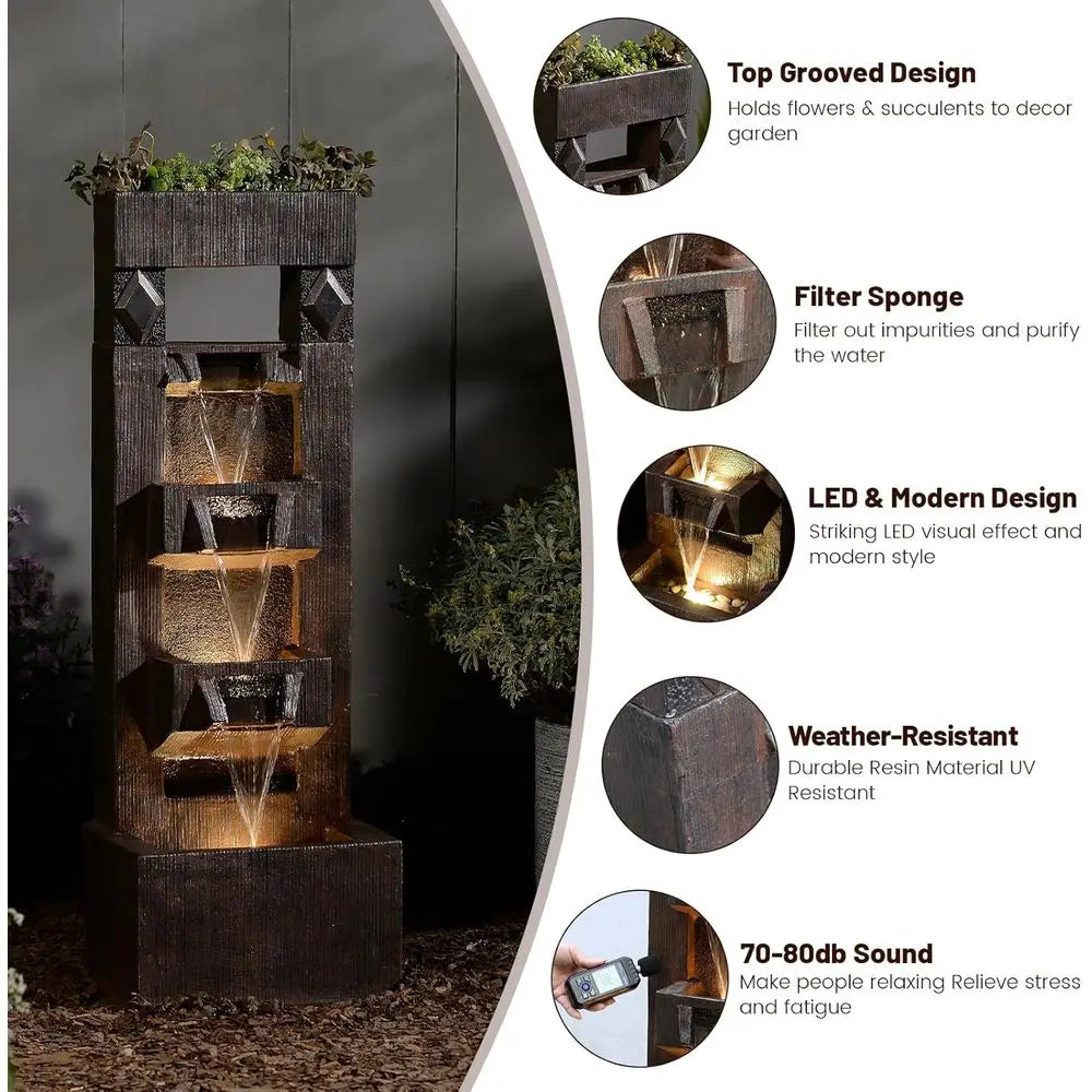 40.9 4-Tier Outdoor Water Fountain with LED Lights and Pump - Ideal for Garden, Patio, Yard Decor (Brown)