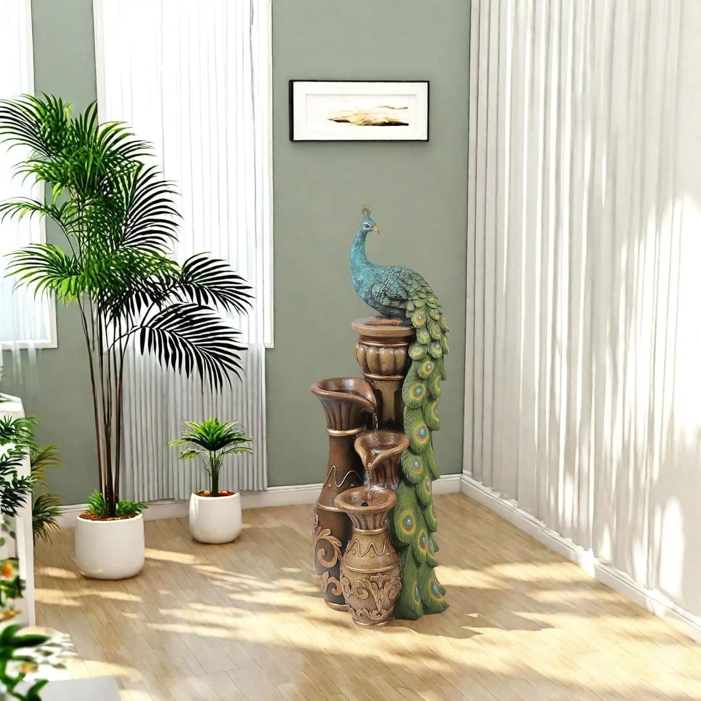 44in Resin Peacock Water Fountain LED Urns Garden Patio Waterfall Custom