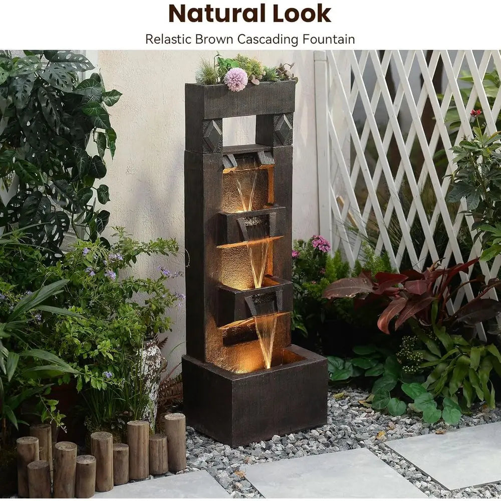 40.9 4-Tier Outdoor Water Fountain with LED Lights and Pump - Ideal for Garden, Patio, Yard Decor (Brown)