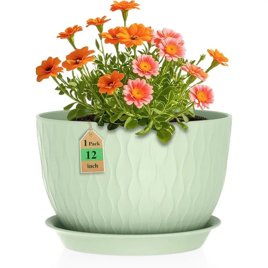 12 Inch Large Plant Pots for Indoor & Outdoor Plants, Wide Water Reservoir with Drainage, Plastic Planters Set for Garden and Ho