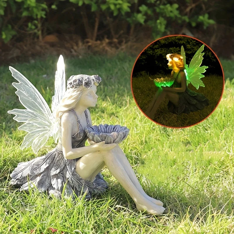 Outdoor Garden Solar Statue Light, Outdoor Solar Fairy Garden Statues, Garden resin flower fairy holding flower statue decorativ