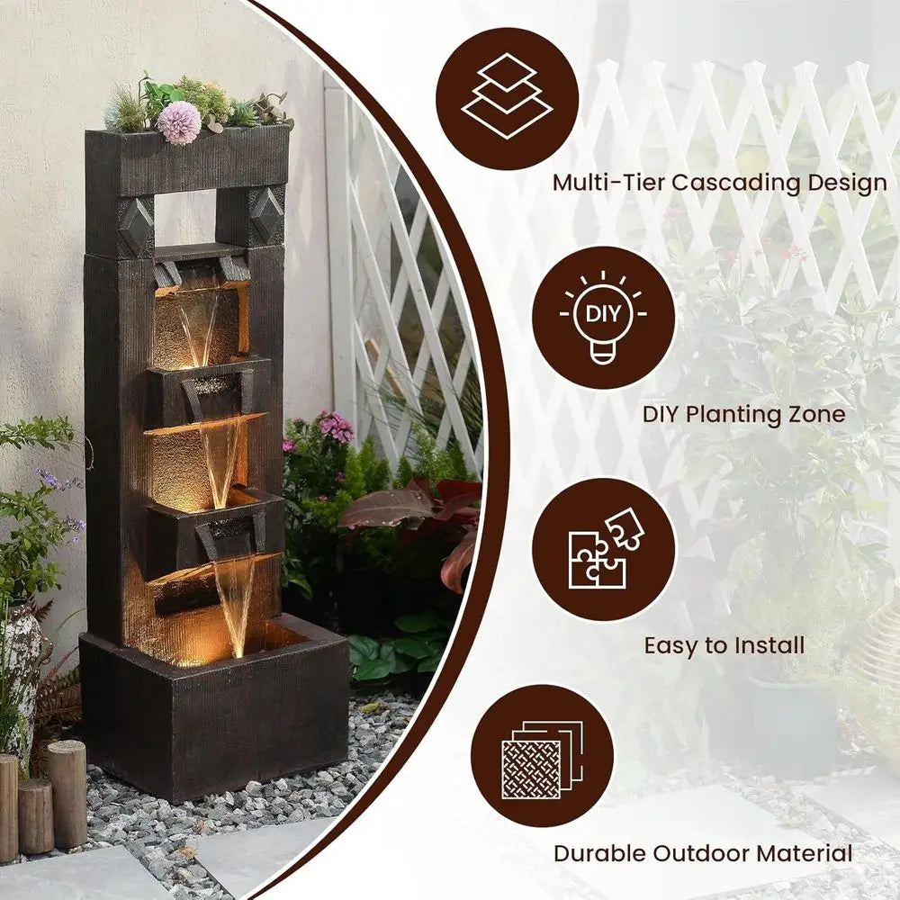 40.9 4-Tier Outdoor Water Fountain with LED Lights and Pump - Ideal for Garden, Patio, Yard Decor (Brown)