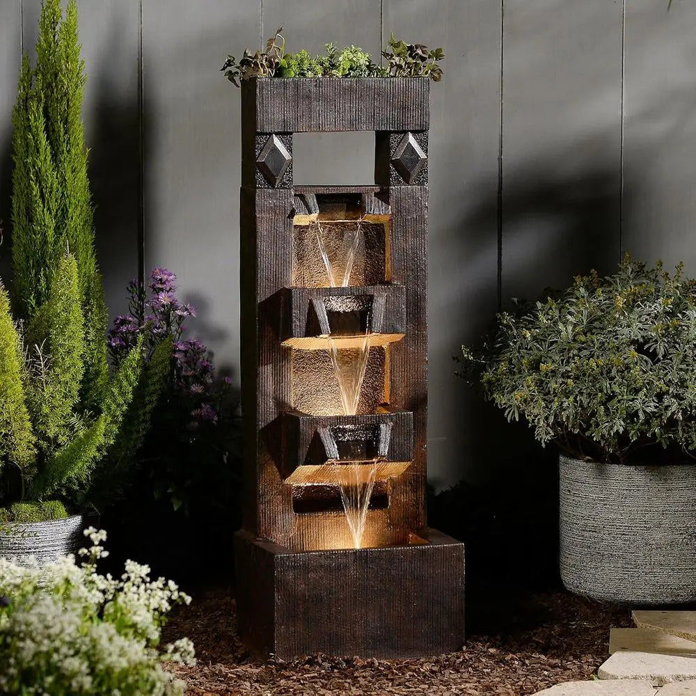 40.9 4-Tier Outdoor Water Fountain with LED Lights and Pump - Ideal for Garden, Patio, Yard Decor (Brown)