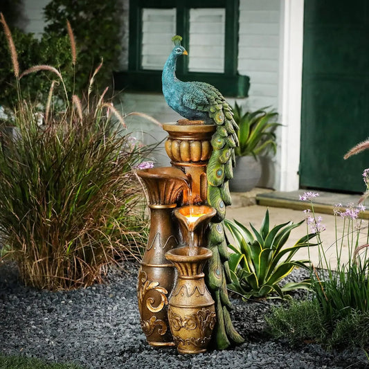 44in Resin Peacock Water Fountain LED Urns Garden Patio Waterfall Custom