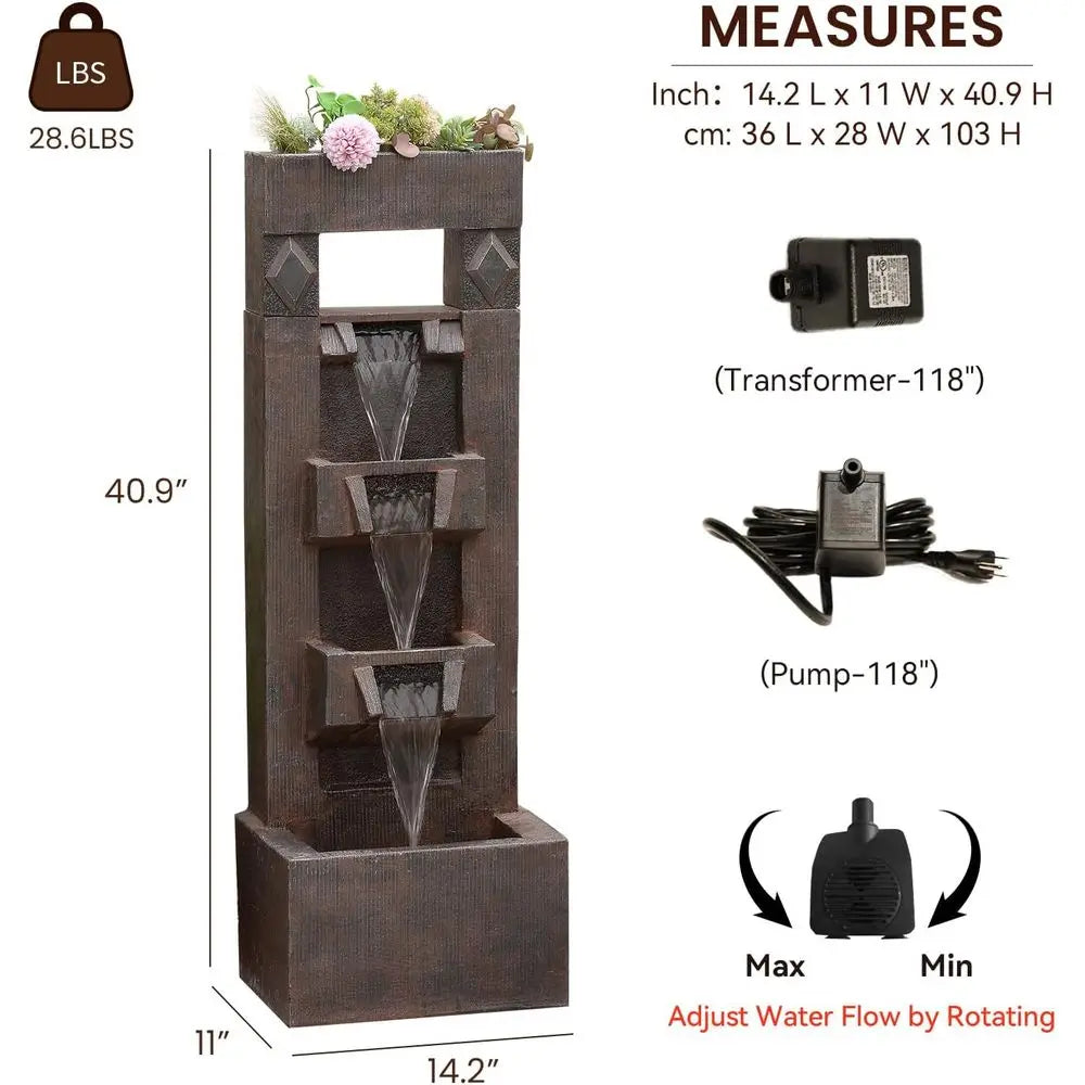 40.9 4-Tier Outdoor Water Fountain with LED Lights and Pump - Ideal for Garden, Patio, Yard Decor (Brown)