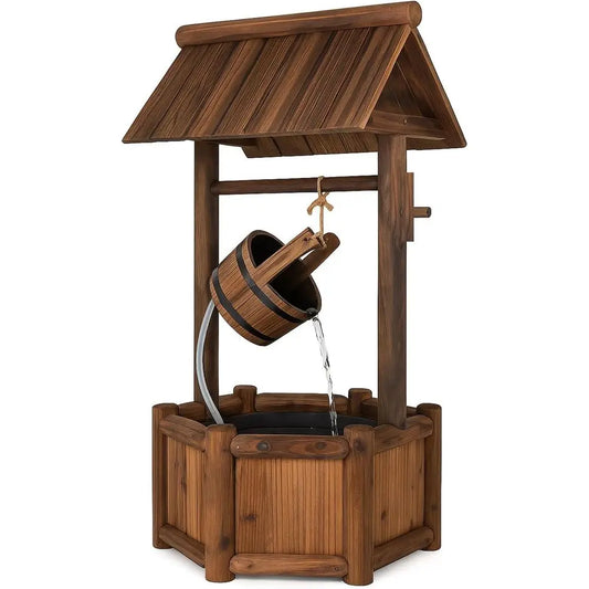 Vintage Wooden Wishing Well Fountain with Bucket Pump, Rustic Garden Decor, 46 Tall